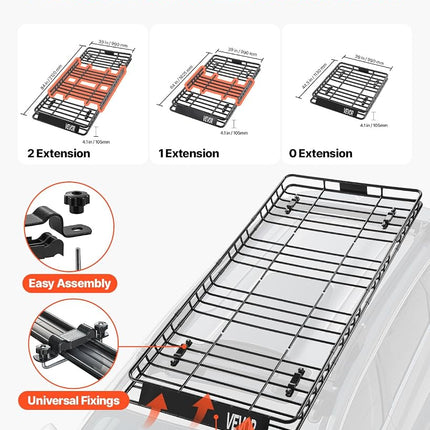 VEVOR Roof Rack Basket, 84 x 39 x 4.1 in, Universal Rooftop Cargo Carrier with 7.9 x 3.9 x 10.2 in Cargo Bag, Net, Ratchet Straps, 250 lbs Max Load Capacity Car Top Luggage Holder, for SUV Truck Car