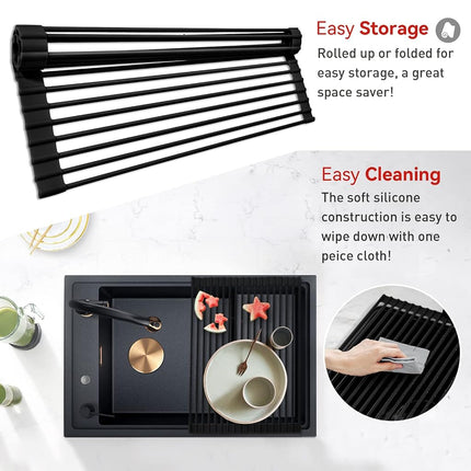 MERRYBOX Roll Up Over The Sink Dish Drying Rack Silicone Wrapped Foldable, Heat-Resistant, Anti-Slip Sink Rack Multipurpose Dish Drainer for Kitchen Sink Counter - Black, 17.5" x 11"