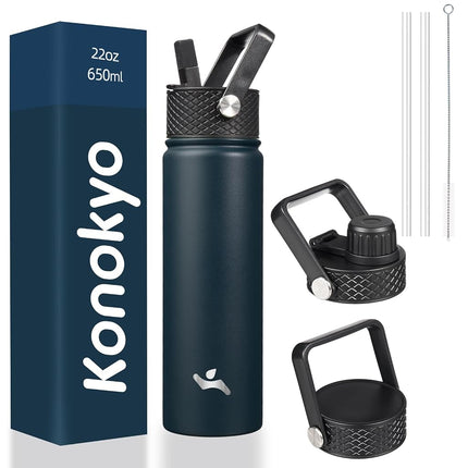 Konokyo Insulated Water Bottle with Straw,22oz 3 Lids Metal Bottles Stainless Steel Water Flask,Navy Blue