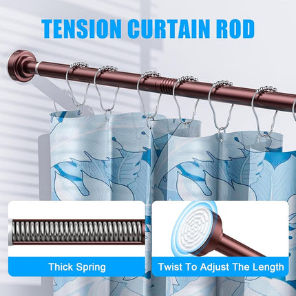 TEECK Shower Curtain Rod, 32-104 inch Adjustable Spring Tension Curtain Rod, Never Rust Anti-Slip Shower Curtain Rod for Bathroom, No Drilling, Never Collapse, Easy to Use, Brown