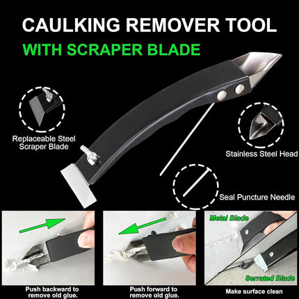 Silicone Caulking Tools – Metal Caulk Remover Scraper with Replaceable Sharp and Serrated Blades, 5 Replaceable Silicone Finishing Pads, 3 Silicone Finishing Tools, DIY Home Repair Kit