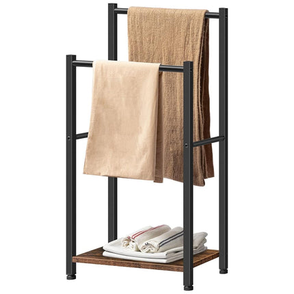 HOOBRO Freestanding Towel Rack, 2 Tier Blanket Ladder Holder for Bathroom, 42 x 24 x 80 cm, Blanket Rack, Industrial Drying and Display Rack with Shelf, Metal, Rustic Brown and Black BF02LB01