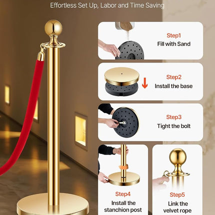 VEVOR Stanchion Post, 4 Pcs Crowd Control Barrier Set with 2 Red Velvet Ropes, 5 ft Stainless Steel Gold Stanchion Post Queue with Sand Injection Hollow Base for Theater, Party, Wedding, Exhibition