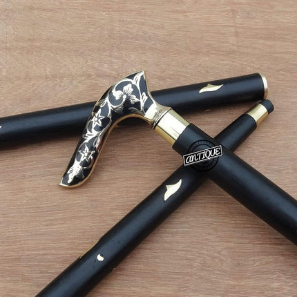 Brass Handle Victorian Foldable Wooden Walking Stick Cane Ideal Vintage Gift Men Women Father/Mother (Black Victorian)