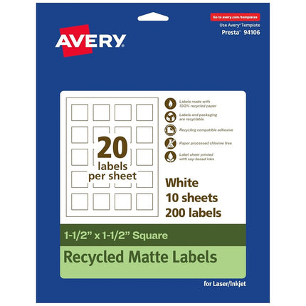 Avery EcoFriendly Matte White Recycled Square Labels, 1.5" x 1.5", Print-to-The-Edge, Matte White Labels, Permanent Label Adhesive, Laser/Inkjet, 200 Printable Labels