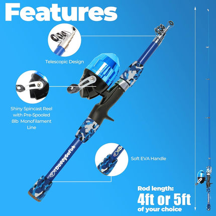 DaddyGoFish Kids Fishing Pole - Rod Reel Combo Tackle Box Starter Set - First Year Small Dock Gear Kit for Boys Girls Toddler Youth Age Beginner Little Children Junior Anglers (Blue, 4ft)