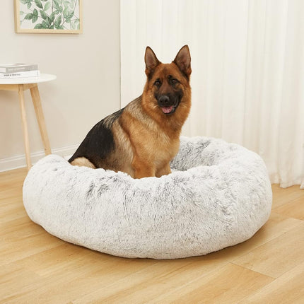 Bedfolks Calming Donut Dog Bed,114CM Round Fluffy Dog Beds for Extra Large Dogs, Anti-Anxiety Plush Dog Bed, Washable Pet Bed with Non-Slip Bottom (Light Grey, Extra Large)
