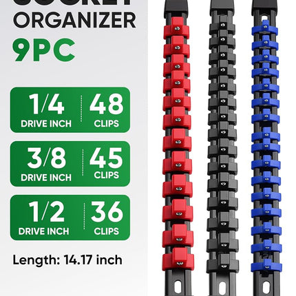 ALOANES 9PC ABS Socket Organizer, 1/2 inch, 3/8 inch and 1/4 inch Drive Socket Rail Holders, Heavy Duty Socket Racks, Black Rails with Red Blue Black Clips