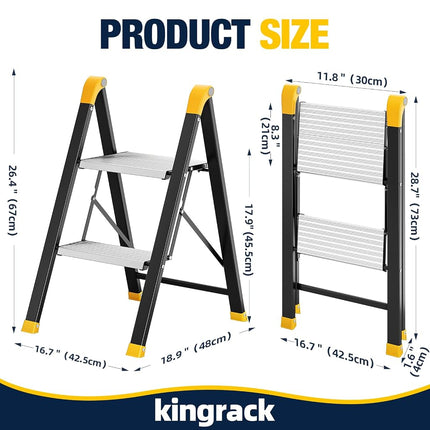 KINGRACK 2 Step Ladder, Wide Anti-Slip Aluminium Pedal, 330 lbs Load Black