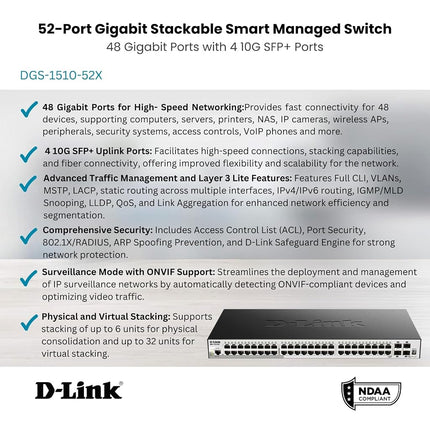 D-Link DGS-1510-52X SW SFP+ 52-Port Gigabit Smart Managed Switch