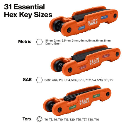 KLEIN TOOLS 70553 3-Piece Pro Folding Hex Key Set, Metric, SAE, Torx Sizes, 31 Keys, Industrial Strength Heat Treated Alloy Steel