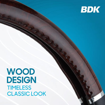 Housse de volant de voiture BDK motif grain de bois foncé, standard 15 pouces avec poignée en similicuir noir, conçue pour la plupart des voitures, camions, camionnettes et VUS
