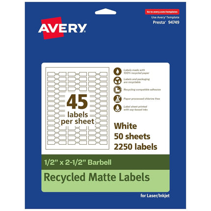 Avery EcoFriendly Matte White Recycled Barbell Labels, 0.5" x 2.5", Matte White Labels, Permanent Label Adhesive, Laser/Inkjet, 2,250 Printable Labels