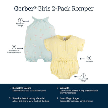 Gerber Baby Girls Sleeveless and Short Sleeve Romper Set, Sailboats, 12 Months