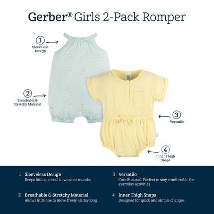 Gerber Baby Girls Sleeveless and Short Sleeve Romper Set, Sailboats, 12 Months