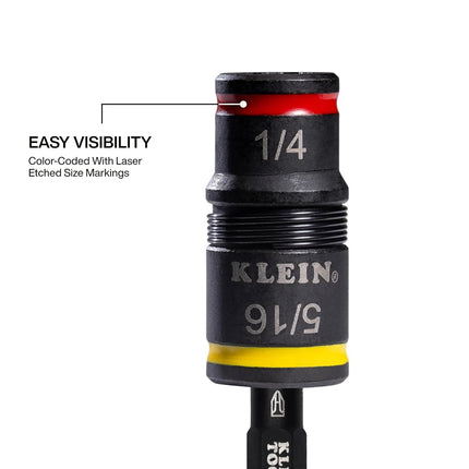 Klein Tools 32931 3-in-1 SAE Impact Socket Set, 1 Flip Socket with 1/4 and 5/16 Nut Driver Sizes and 1/4-Inch Bit Holder, Impact Rated 2-Inch Shaft