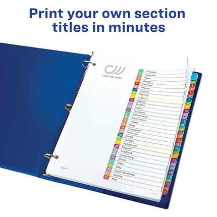 Avery 1-31 Tab Dividers for 3 Ring Binders, Customizable Table of Contents, Multicolor Tabs, 1 Set, 12 Packs (11846)