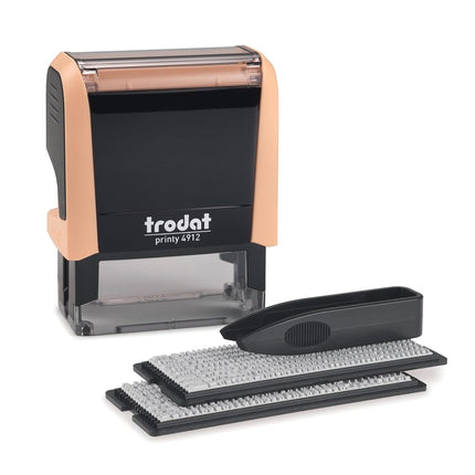 Trodat Printy 4912 Kit de Tampon en Crème Pastel à Composer Soi-Même – 4 Lignes de Texte, Empreinte 47 x 18 mm, Allemand, Pince à Épiler, Tampon Encreur Noir et Jeu de Lettres et Chiffres en Deux Tailles Inclus