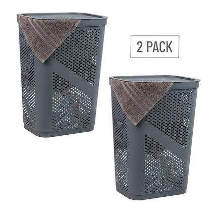 Mind Reader 60L Slim Laundry Hamper, Set of 2, Clothes Basket, Lid, Ventilated, Plastic, 17.25"L x 13.75"W x 23.5"H, Gray