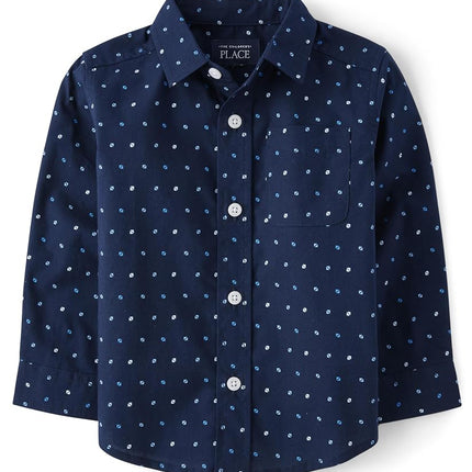 Chemise à manches longues boutonnée en popeline The Children's Place pour bébés garçons et tout-petits, motif géométrique marine, 5T