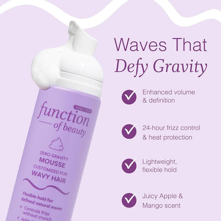 FUNCTION OF BEAUTY Zero Gravity Styling Mousse, 7 oz – Adds Volume + Defines Natural Waves, Frizz Control + Flexible Hold, Lightweight Feel, No Crunch or Stiffness, Heat Protection Up to 450°F