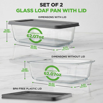 NutriChef 2 Sets Loaf Pan - 62.07oz Stackable Superior Premium Glass Meal-prep Food Container w/Airtight Locking Lid, BPA-Free Leakproof, Freezer-to-Oven-Safe, for Bread, Cake & Pastries
