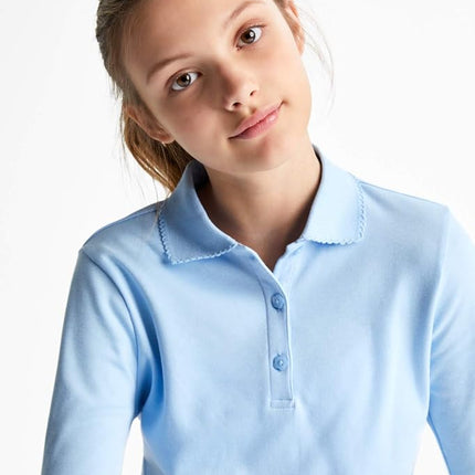 Polo de manga larga interlock para niñas French Toast con cuello picot, azul claro, 10-12 Plus