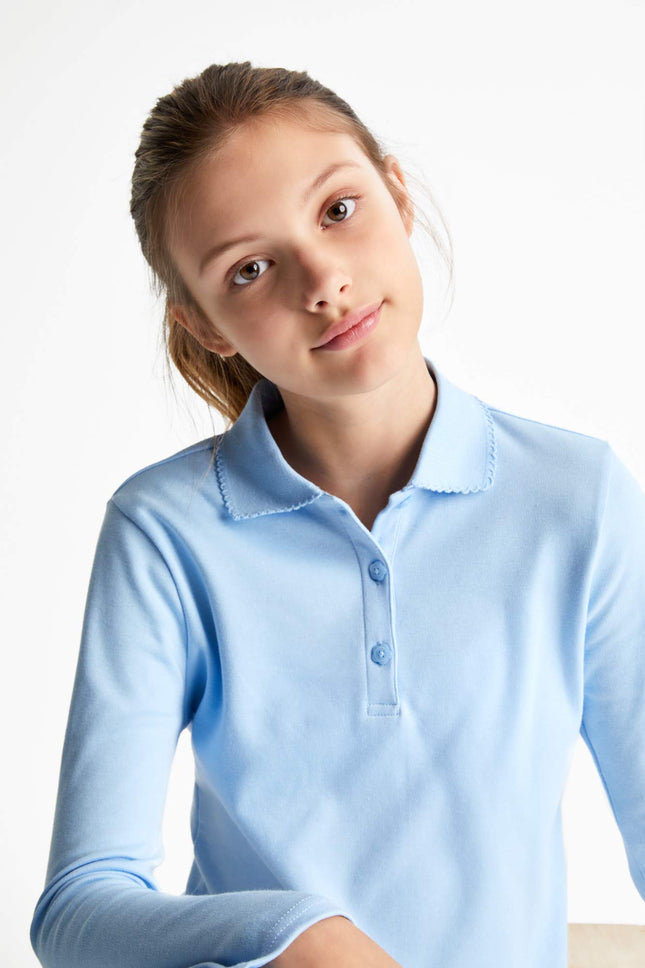 French Toast Polo à manches longues en interlock pour fille avec col picot, bleu clair, 18-20 Plus