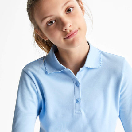 French Toast Girls Size' Uniform Long Sleeve Polo with Picot Collar (Standard & Plus), Light Blue, 14/16 Plus