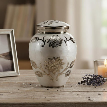 eSplanade Metal Cremation Urn Memorial Jar Pot Container | Medium Size Urn for Funeral Ashes Burial | Engraved Metal Urn | Pink - 6" Inches (White Floral)