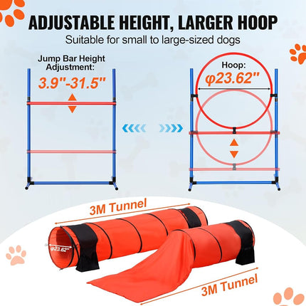 VEVOR Dog Agility Training Equipment, 7 PCS Set Upgrade w/Adjustable High Hurdles,6 Weave Poles,2 Tunnels,Jump Ring,Pause Box, Whistle,Foldable Bowl,Puppy Obstacle Course Kit w/ 3 Bags