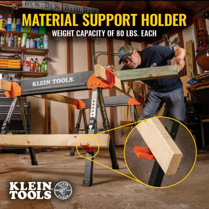 Klein Tools 66188 Folding Saw Horse, 2x4 Support Arms, 26-Inch to 32-Inch Adjustable Height, Heavy Duty Jobsite Table, 1-Pack