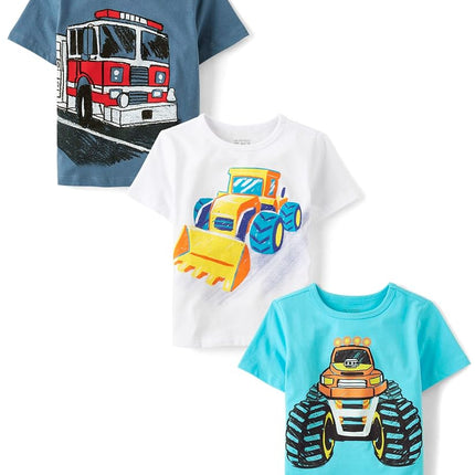 The Children's Place Baby Boys' and Toddler 3-Pack Short Sleeve Graphic T-Shirt, Monster Truck/Tractor/Firetruck, 12-18 Months