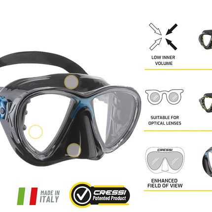 Cressi Big Eyes Evolution Snorkel Mask - Adult Snorkel Set & Quick-Adjust Buckles - Silicone Skirt & Scuba Ready - Low-Volume Scuba Mask - Black/Black HD Mirrored Lens - One Size