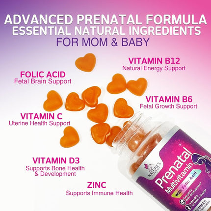 Folic Acid Prenatal Gummy for Women - Prenatal Vitamin Gummies With Folate - Pregnancy Support Supplement with Vitamins C, D3, B6, B12 & Omega 3 Prenatal Multivitamin, Non-GMO - 120 Gummies