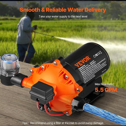 VEVOR Water Diaphragm Pump, 20.8 LPM Flow, 4.8 bar Rated Pressure (2.8-6.9 bar Adjustable), 12.7 mm MNPT Self Priming Sprayer Pump with Pressure Switch for RV Camper Marine Boat Lawn, FCC Certified
