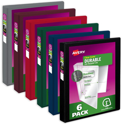 Avery Durable View 3 Ring Binders, 1 Inch Slant Rings, 250-Sheet Capacity, DuraHinge, 1.4 Inch Wide Spine, Customizable Clear Covers and Spine, Dark Colors (05633) (Pack of 6)