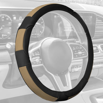 FH Group FH2002BEIGEBLACK Steering Wheel Cover (Deluxe Full Grain Authentic Leather Beige/Black)