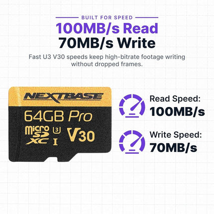 Nextbase 64GB U3 Micro SD Card - Includes Micro SD-to-SD Adapter - Ultra High Speed Memory Card Compatible with Series 1 and 2 Nextbase Dash Cam Range - Dash Camera Accessories
