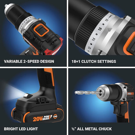 Worx WX130L 20V Nitro Compact Brushless 1/2” Drill/Driver with Power Share - (Batteries & Charger Included)