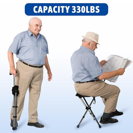 FATTCHIAR Cane with Seat, Cane Chair Capacity 330lbs, Adjustable Height Folding Lightweight Walking Stick with Seats, Portable Stool for Adults Seniors Hiking Camping-Black 34-38"/1.6lbs