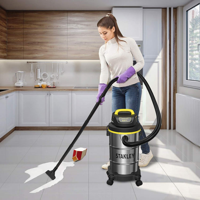 Stanley Wet/Dry Hanging Vacuum, 4.5 Gallon, 4 Horsepower, Stainless Steel Tank