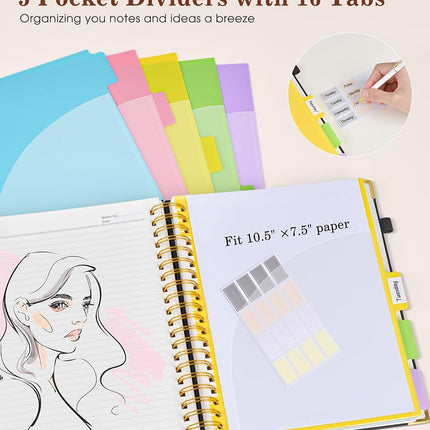 Hardcover Large Spiral Notebook 8.5" x 11" with Removable Dividers Tabs, 300 Pages Leather 5 Subject Notebook College Ruled, A4 Journal for Women Men, Notebooks for Work School Note taking,Black
