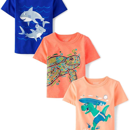 The Children's Place T-shirts graphiques à manches courtes avec animaux pour bébés et tout-petits garçons, multipack, tortue/requins/dino, 2T