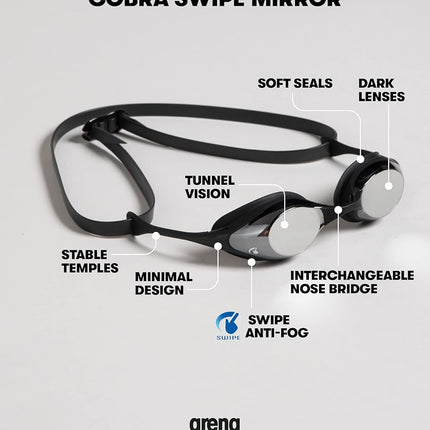 ARENA Cobra Original Swipe Mirror Unisex Adult Racing Swimming Goggles, Swimming Pool Goggles with Mirror Lenses, Anti-Fog UV Protection, 4 Interchangeable Nose Bridges