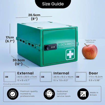 Lockabox One™ - Premium Lockable Medicine Box with Combination Lock, Secure Storage for Medication & Tablets, Fridge Safe, Made in Britain, 31 x 21 x 17 cm (Medi Green)