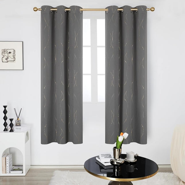 Deconovo Blackout Grommet Curtains Pair with Golden Dots Pattern Energy Saving Room Darkening Curtains for Living Room and Sliding Glass Door 42W x 84L Inch Grey 2 Panels