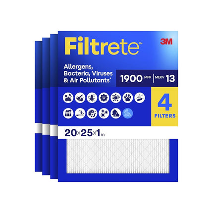Filtrete 20x25x1 AC Furnace Air Filter, MERV 13, MPR 1900, Premium Allergen, Bacteria & Virus Filter, 3-Month Pleated 1-Inch Electrostatic Air Cleaning Filter, 4-Pack (Actual Size 19.69x24.69x0.78 in)