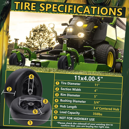 Wiltire 11x4.00-5 Flat Free Tire and Wheel (2 Pack),Universal 11x4-5 Solid Smooth Tractor Turf Tire with Rim, 3.4" Centered Hub and 3/4" & 5/8" Bushing, For Zero Turn Mowers and Riding Lawn Mower