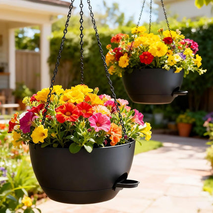 SQKH 10 Inch Hanging Baskets 2 PC with Chains, Self-Watering Hanging Planters for Indoor Outdoor Plants, Plastic Hanging Flower Pots,Black